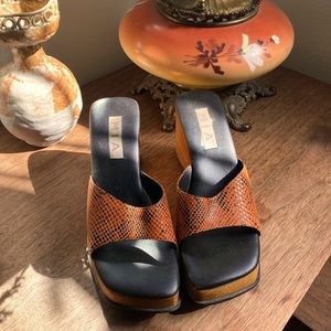 90s MIA platform orange snake skin slides